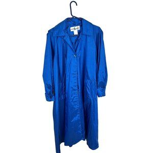 Vtg Aqua Sheen Blue Raincoat Womens Button Up Long Trench Coat Large 1970s Teal